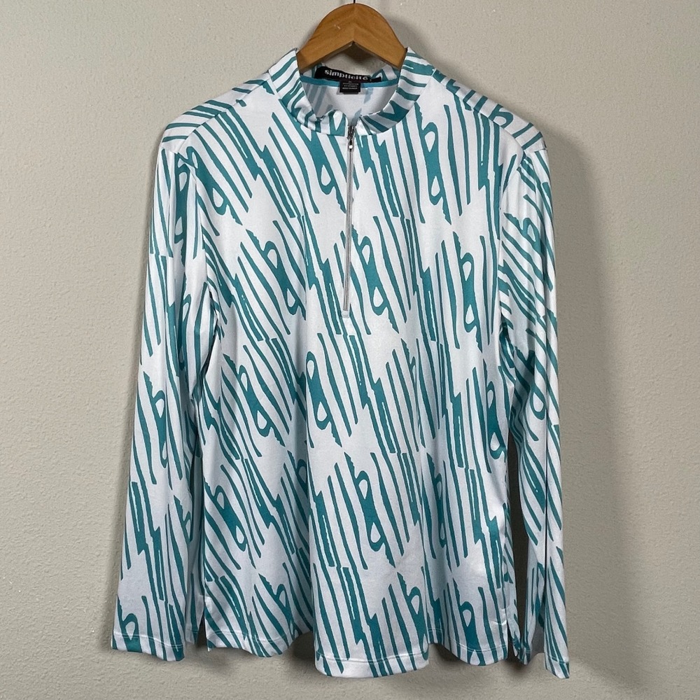 Jamie Sadock Simplicite Top Womens XL Teal White Quarter Zip Abstract Golfcore